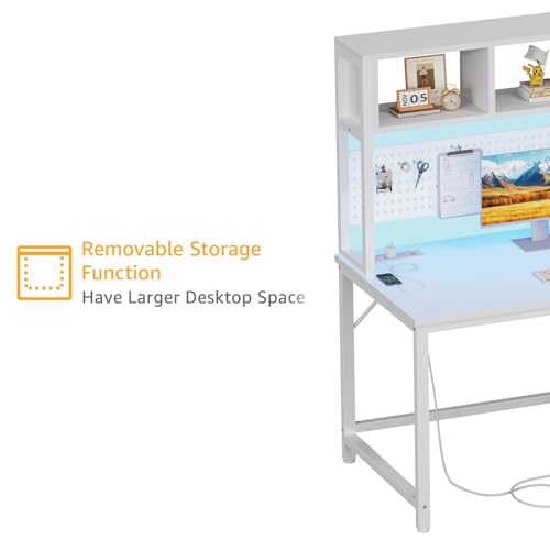 White Gaming Desk with Hutch and Pegboard - Computer Desk with Hutch, Power Outlet, 47 Inch Art Desk with Storage, Hooks, RGB and Side Bag, Writing Modern Study Teen Desks for Girl Bedroom Home Office - color: White