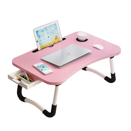 Lap Desk with Storage Drawer, Holders for Cup and Tablet for Kids and Adults, Tray Table with Foldable Legs, Laptop Bed Stand, Portable Standing Table for Sofa Couch Floor (23.6", Pink) - color: Pink