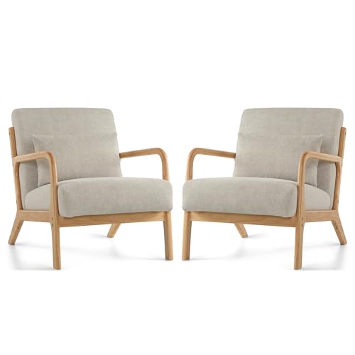Mid Century Modern Accent Chair with Lumbar Pillow, Upholstered Chair for Living Room, Accent Chair with Solid Wood Frame Reading Chair Armchair for Bedroom Small Spaces, Grey, Set of 2 - color: Grey