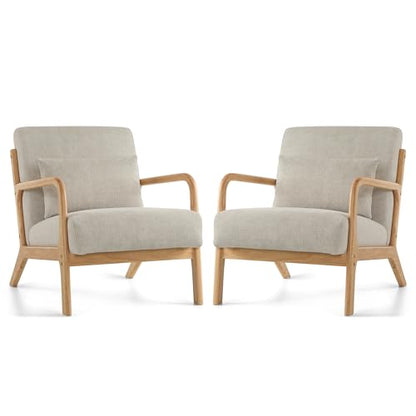 Mid Century Modern Accent Chair with Lumbar Pillow, Upholstered Chair for Living Room, Accent Chair with Solid Wood Frame Reading Chair Armchair for Bedroom Small Spaces, Grey, Set of 2 - color: Grey