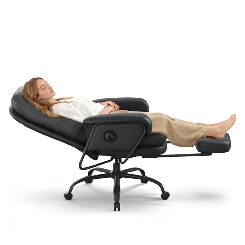 FLEXISPOT Multi-Task Ergonomic Office Chair with Footrest Computer Desk Chairs Indoor Lounge Chair with 90-165° 4-Level Reclining, Chairs for Working Relaxing Sleeping, PU Leather+Iron Base, Black - color: Black