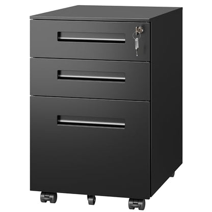 DEVAISE 3 Drawer Mobile File Cabinet, Fully Assembled Except Casters | Metal Filing Cabinet with Lock Under Desk for Home Office, Printer Stand fits A4/Letter/Legal Size, Black - color: Black, size: Thickened Steel 20" D x 15" W x 24" H