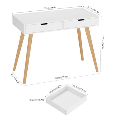 FOTOSOK White Writing Desk with 2 Drawers, Small Desk Makeup Vanity Table | Wood Computer Desk with 4 Solid Oak Legs, Home Office Desk & Study Table, Mid Century Desk for Bedroom Small Spaces, White - color: White and Oak
