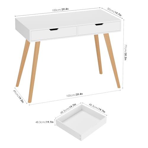 FOTOSOK White Writing Desk with 2 Drawers, Small Desk Makeup Vanity Table | Wood Computer Desk with 4 Solid Oak Legs, Home Office Desk & Study Table, Mid Century Desk for Bedroom Small Spaces, White - color: White and Oak