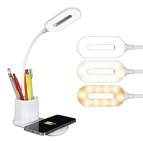 OttLite Organizer LED Desk Lamp with Wireless Charging, White | Natural Daylight LEDs | 3 Color Temperature Modes | Built-In Storage Area | Adjustable Flexible Neck