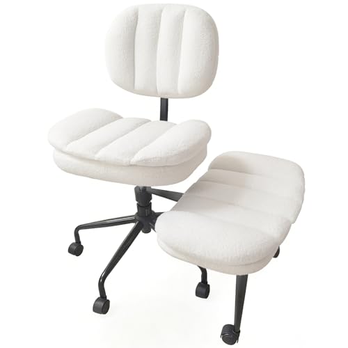Criss Cross Chair with Footrest, 360° Swivel Faux Shearling Office Chair, Extra Wide Seat with Sofa-Like Comfort, Ergonomic Cross Legged Desk Chair for Cozy Reading, Meditation - color: Wool