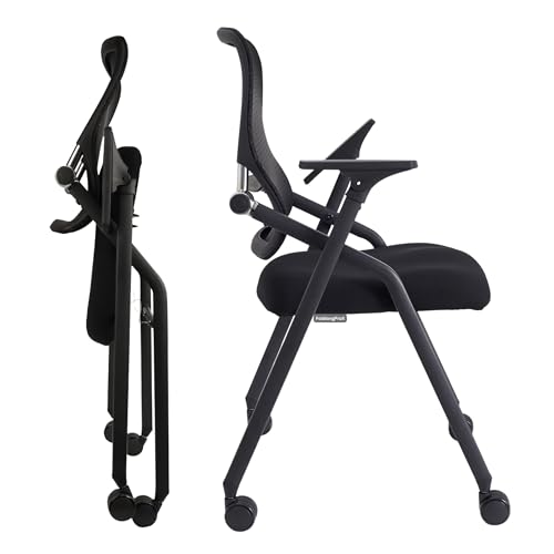 Updated Conference Room Chairs, Folding Office Desk Chair with Lumbar Support and Sliding Armrest with Casters, Stackable Office Guest Chairs & Reception Chairs, 1 Pack Black - color: Black, size: 1 Pack