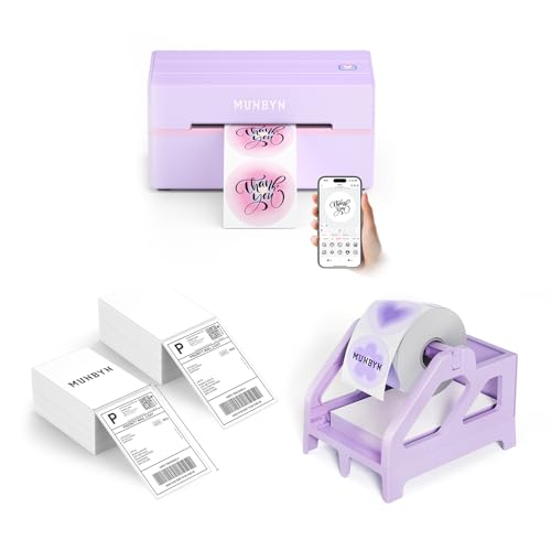 MUNBYN 130B Bluetooth Thermal Label Printer+4x6 Inch Direct Thermal Labels, 1000 Labels/2 Stacks+Purple Label Holder