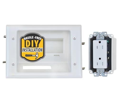 DATA COMM 45-0071-WH Recessed Low Voltage Cable Plate with Built-In Duplex Receptacle Outlet, Easy To Install - Ideal for Home Theater, TV & Power Cable Management, Mid-Size, White - style: with Duplex Receptacle