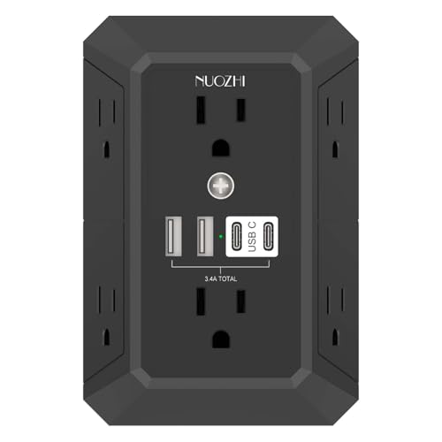 Outlet Extender Surge Protector - NUOZHI 6 Outlet Splitter with 4 USB Ports(2 USB-C), Multi Plug Wall Outlet 1680J Power Strip for Home Office Dorm Room Essentials, ETL, Black - color: Black(Non-Night Light), size: 6 Outlets