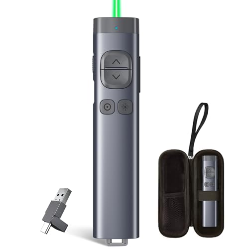 N97s Presentation Clicker for Powerpoint Presentations with Digital Pointer | ①Green Laser Pointer ②Metal Housing ③Magnifier/Highlight/Mouse Left Click ④TV Screen & Projector Clicker ⑥Bluetooth & USB-AC - color: Green - BLE&USB-AC