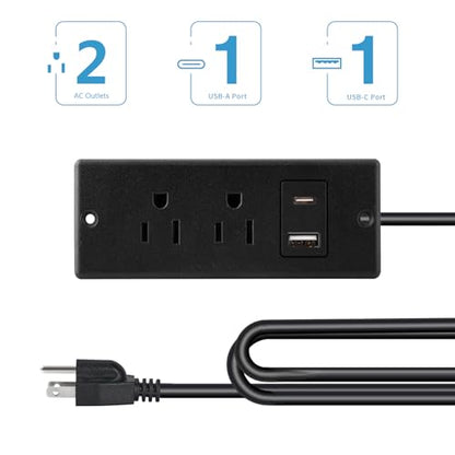 Recessed Power Strip with USB-C 20W and USB-A, 2 AC Outlets, in-Desk Flush Mount Power Strip, 125V 12A 1500W, for Desk Countertop Kitchen Island (Black, 4.9FT) - size: 4.9FT, style: 20W