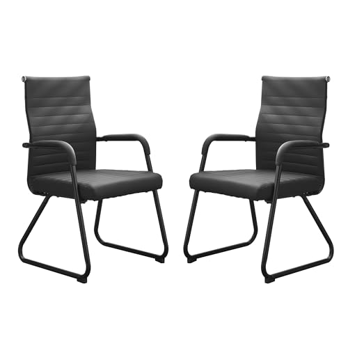 Okeysen Office Guest Chairs Set of 2, Modern Leather Reception Chairs with Mid Back & Sled Base, No-Wheel Desk Chairs for Waiting Room & Conference Room - color: Black Leather/Black Frame, size: Set of 2