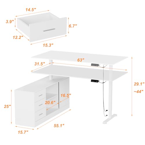 FUFU&GAGA 63” L-Shaped Standing Desk with 3 Drawers, Electric Height Adjustable Desk with File Cabinet, Executive Computer Table, Sit Stand Desks, for Home Office, White, 63”W x 55.1”D x 29.1”-44”H