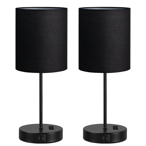17.6" Black Touch Lamps for Bedroom Set of 2 - Dimmable, USB C+A, AC Outlet | Large 17.6" Tall Lamp, 3-Way Dimming, 5000K Daylight Bulbs, Black Lampshade Black Base, for Living Room, Boys, Men, Girls - color: Black