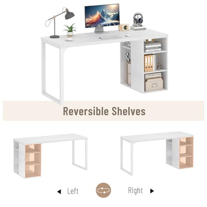EXCEFUR White Computer Desk with Storage Shelves, Modern Home Office Desk, Reversible Wood and Metal Writing Study Table Workstations for Living Room Bedroom, 53 Inch - color: White