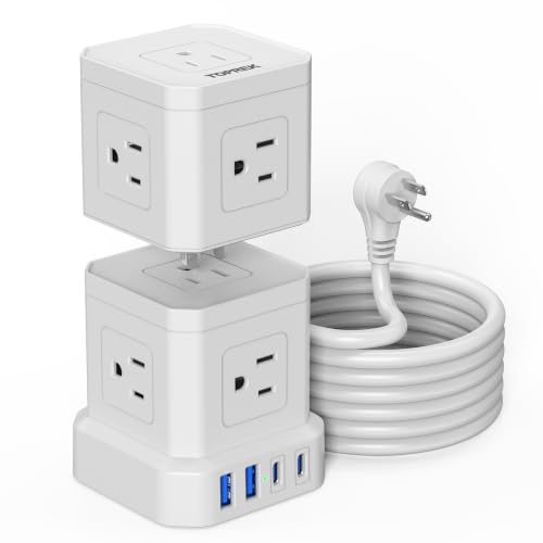 Power Strip with USB, TOPREK Power Strip Tower with 9 Outlets, 2 USB-C, 2 USB-A, Convertible Outlet Extender & Desk Charging Block, 6.5 FT Flat Plug Extension Cord for Home Office, Kitchen 1625W/13A - color: White