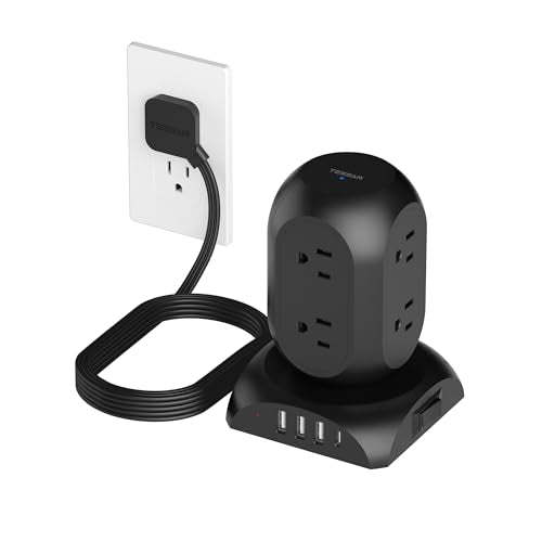 TESSAN Flat Plug Tower Power Strip with 1050J Surge Protector, 10 Ft, Black | 8 AC with 4 USB Ports (1 USB C), Multiple Plug Power Tower with 8 Widely Spaced Outlets for Home, Office, Dorm Room - color: Black