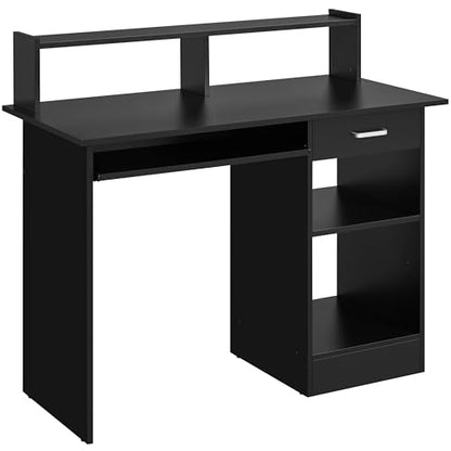 Yaheetech Computer Desk with Keyboard Tray, Drawers, and Shelves, Black | This Desk Has a Pull-Out Keyboard Tray, a Drawer, and an Adjustable Open Shelf for Books, Files, and Home Office Supplies. - color: Black