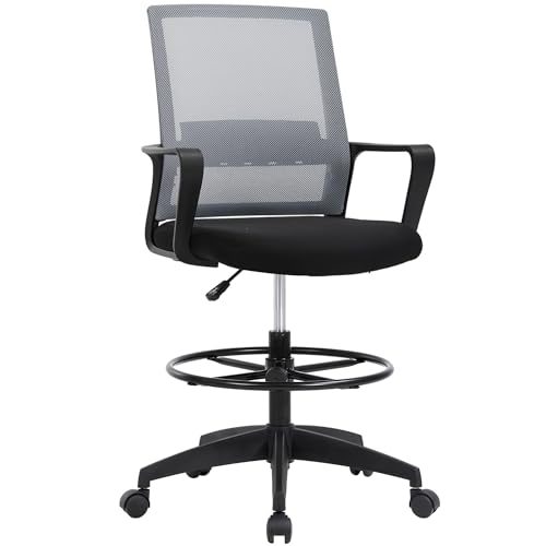 BestOffice Drafting Chair Tall Office Chair Adjustable Swivel Rolling Mesh Height with Lumbar Support Arms Footrest Mid Back for Adults Standing Desk Drafting Stool (Ashy) - color: Ashy