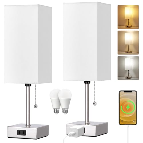 Dott Arts Touch Control Bedside Lamp, 3 Way Dimmable Nightstand Lamp with 2 USB Ports & AC Outlet, Modern Style, White Fabric Shade - color: Nickle+white, size: 15inch