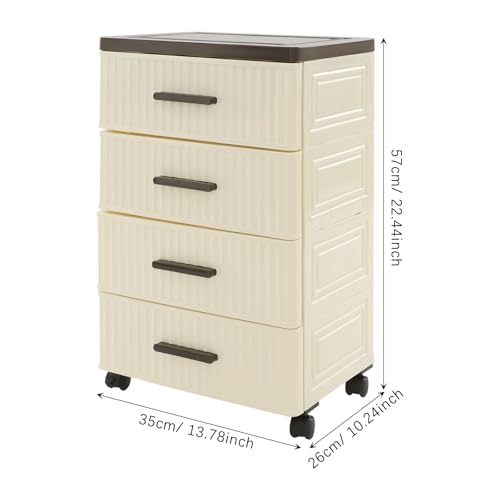 4 Tier Storage Cabinet With Wheels, PP Drawer Organizer Unit, Rolling Slim Storage Cart, Modern Nightstand, 2 Brakes, 22.4in, for Bedroom, Kitchen, Bathroom, Living Room (Creamy Yellow, Brown)