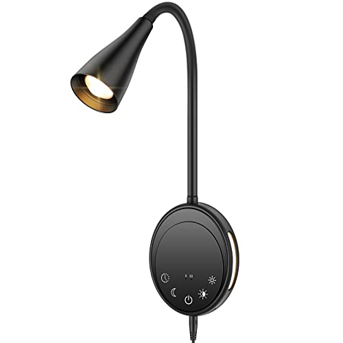 SANKEDOU Wall Mounted Reading Light, Bedside Headboard Lights with 5 Dimming & Color Temperature, USB Output, Night Light & Timers Function, Flexible Gooseneck 3000K-6000K Upgrade Bed Lamp (Black) - color: Black