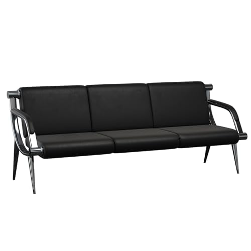 wonline 3 Seat Waiting Room Chair with Armrest PU Leather Office Furniture, Office Guest Seating Lobby Conference Reception Chairs for Airport Clinic Hospital Bank Salon Barber(Black) - color: Chrome & Black, size: 3 Seat