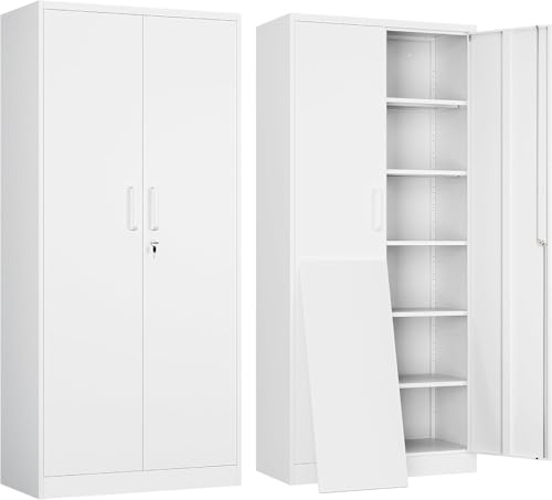 71"H Metal Storage Cabinet with Lock, White Garage Cabinets with 2 Doors and 5 Adjustable Shelves, Steel Locking Caninets Tall Tool Utility Caninet, Lockable File Cabnet for Home Office, Pantry