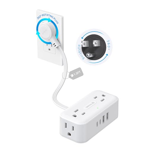 TROND 360° Rotating Flat Plug Power Strip 1.5ft, 4 Widely AC Outlets, White - color: White, size: 1.5FT