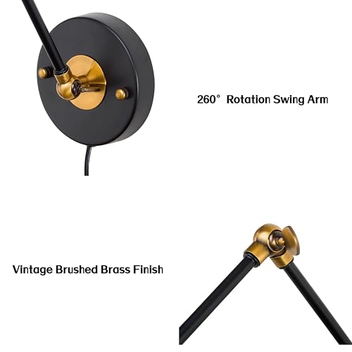 LALUZ Black Wall Sconces Lighting, 2 Pack Modern Industrial Swing Arm Plug in or Hardwired Adjustable Wall Lamp with Antique Brass Finish for Bedroom, Kitchen, and Living Room - size: 12" W Antique Brass
