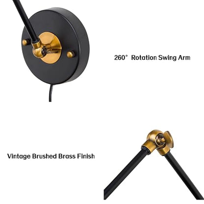 LALUZ Black Wall Sconces Lighting, 2 Pack Modern Industrial Swing Arm Plug in or Hardwired Adjustable Wall Lamp with Antique Brass Finish for Bedroom, Kitchen, and Living Room - size: 12" W Antique Brass
