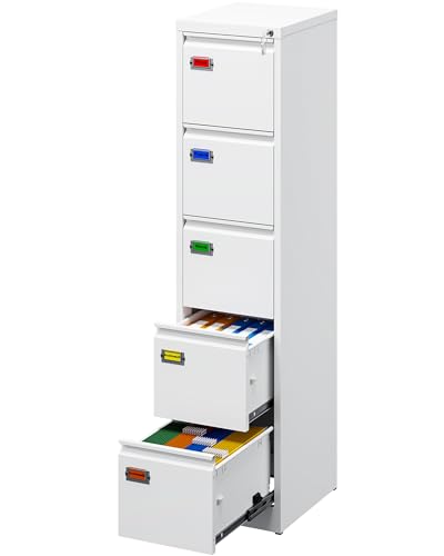 PEUKC 5-Drawer File Cabinet, 16.3" Deep Vertical Metal Filing Cabinet with Lock for Home Office, Anti-Tip 5 Storage Drawers for Letter/Legal/A4/F4 Size (Assemble Required, White) - color: White, size: 64.4"H
