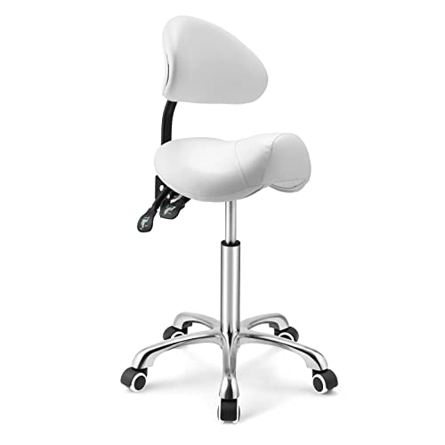 Kaleurrier Saddle Stool with Back Rest,Rolling Saddle Chair for Salon - color: White, style: With Back