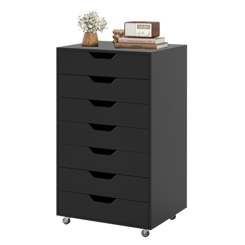 7 Drawer File Cabinet, 34.5" Vertical Storage Drawer Cart, Under Desk Office Organizer, Wooden Printer Stand, Rolling Filing Cabinet for Home Office (Black) - color: Black, size: 19" x 15.5" x 34.5"