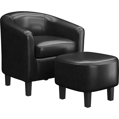 Yaheetech Accent Chairs with Ottoman, Faux Leather Barrel Chairs, Black - color: Black, size: Chair:25.5x 27.5 x 28''H Ottoman:18x 18.7x 15.7''H
