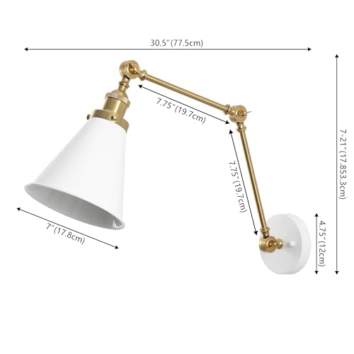 JONATHAN Y Rover 1-Light Wall Sconce 7", White/Brass Gold, Set of 2 | Adjustable Arm, Hardwired Bedside Reading Swing Arm, Farmhouse Cone Shade, Metal Hardwired Indoor Fixture, LED Bulbs Included - color: White/Brass Gold, size: Set of 2