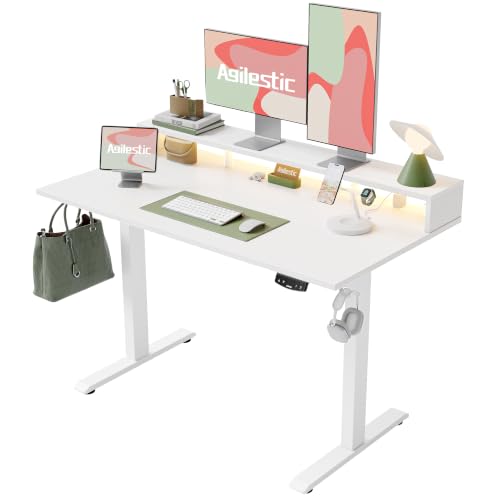 Agilestic 55 * 24 Inch Electric Standing Desk with Shelf & Led, White - color: Led-white, size: 55 x 24 Inches with led and power strips