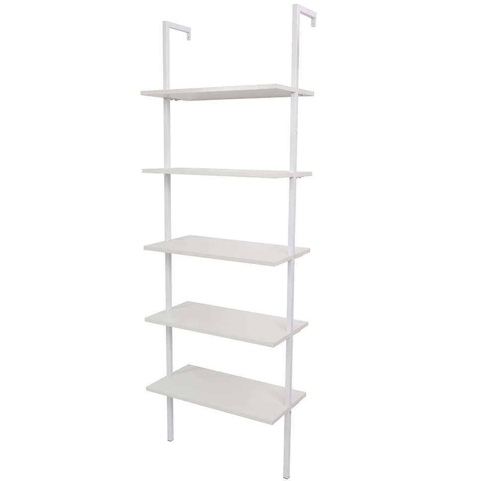 Ladder Shelf Bookshelf, 5-Tier Industrial Bookshelf with Metal Frame and Wood Board, Wall Mounted Bookcase Open Shelf Organizer for Living Room,Home Office, Bedroom, White - color: White