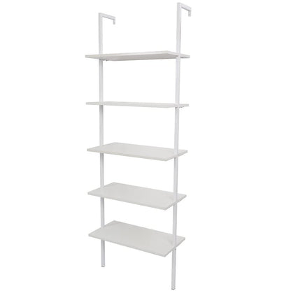 Ladder Shelf Bookshelf, 5-Tier Industrial Bookshelf with Metal Frame and Wood Board, Wall Mounted Bookcase Open Shelf Organizer for Living Room,Home Office, Bedroom, White - color: White