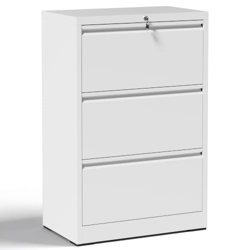 3 Drawer Metal Lateral File Cabinet with Lock,White Filing Cabinet - color: White, size: 26.8"W-3 drawers