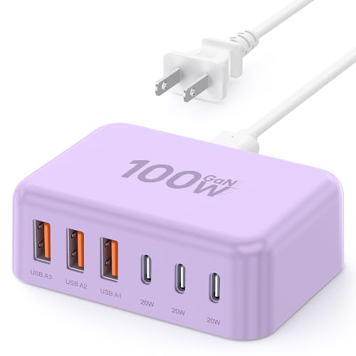 USB Fast Charger Block 50% Smaller 100W Max 6-Port GaN USB Charging Station - color: Light Purple, size: 100W
