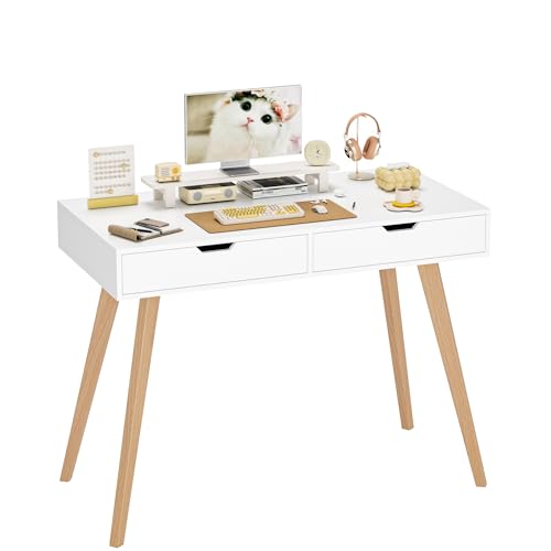 FOTOSOK White Writing Desk with 2 Drawers, Small Desk Makeup Vanity Table | Wood Computer Desk with 4 Solid Oak Legs, Home Office Desk & Study Table, Mid Century Desk for Bedroom Small Spaces, White - color: White and Oak