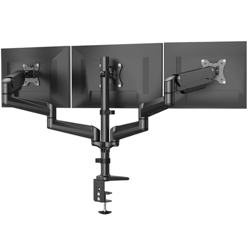 HUANUO Triple Monitor Mount for 17 to 32 inch Screens, Adjustment Gaming Triple Monitor Stand with Swivel, Tilt, Rotation, Clamp & Grommet Kit - color: Black