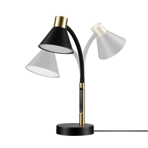 Globe Electric 62000034 15" LED Integrated Desk Lamp, Matte Black, Brass Accent, Adjustable Gooseneck, Dimmable, 3 Color Temperature, 7.5W, 90 CRI, 400 Lumens, Reading Light, Dorm Room Essentials - color: Matte Black, Albert