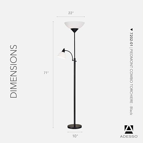 Adesso Floor Lamp, Black, Dual-Socket with Adjustable Reading Light, 71” - color: Black