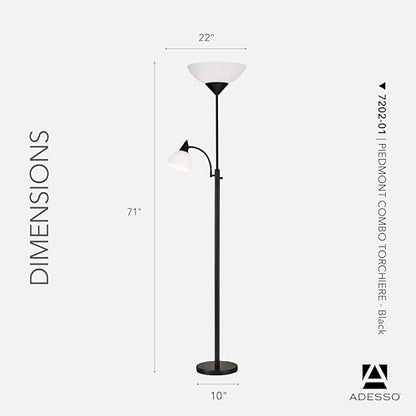 Adesso Floor Lamp, Black, Dual-Socket with Adjustable Reading Light, 71” - color: Black