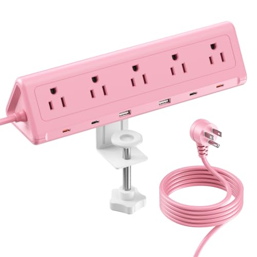 SMALLRT Pink Desk Clamp Power Strip with 6.5 FT Extension Cord, PD 40W USB-C Fast Charging Ports, 5 AC Outlets 4 USB-C 2 USB-A, Fits 2.1 inch Table Edges - color: Pink