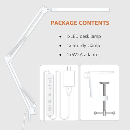 Upgrade Swing Arm LED Desk Lamp with Clamp, 80 LED Beads, 5 Color Modes & 11 Brightness Levels, 360° Adjustable Arm, Eye-Caring Light CRI95, Timer & Memory Function, for Office, Study, Crafting - color: Clip-White