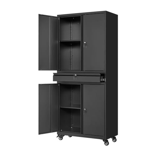 Metal Garage Storage Cabinet with Locking Doors and Adjustable Shelves, 73" Rolling Tool Storage Cabinet with 4 Wheels and 1 Drawer for Garage,Warehouse (Black) - color: Black, size: 4 Wheel - 1 Drawer - 73"H